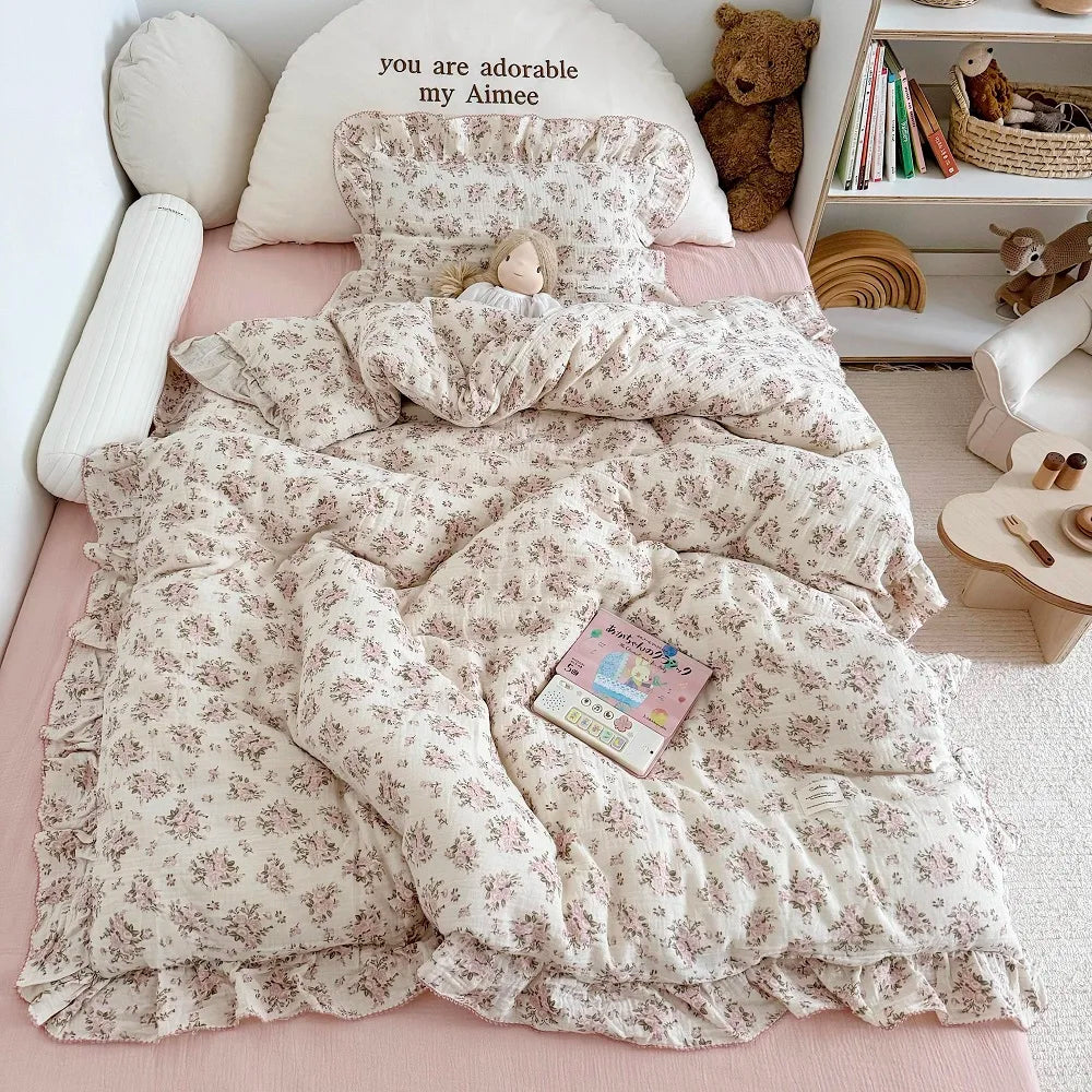 Cozy Princess Ruffle Edge Gauze 100% Cotton Pillow Case Breathable Duvet Cover Without Filler 3PCS Floral Home Bedding Set
