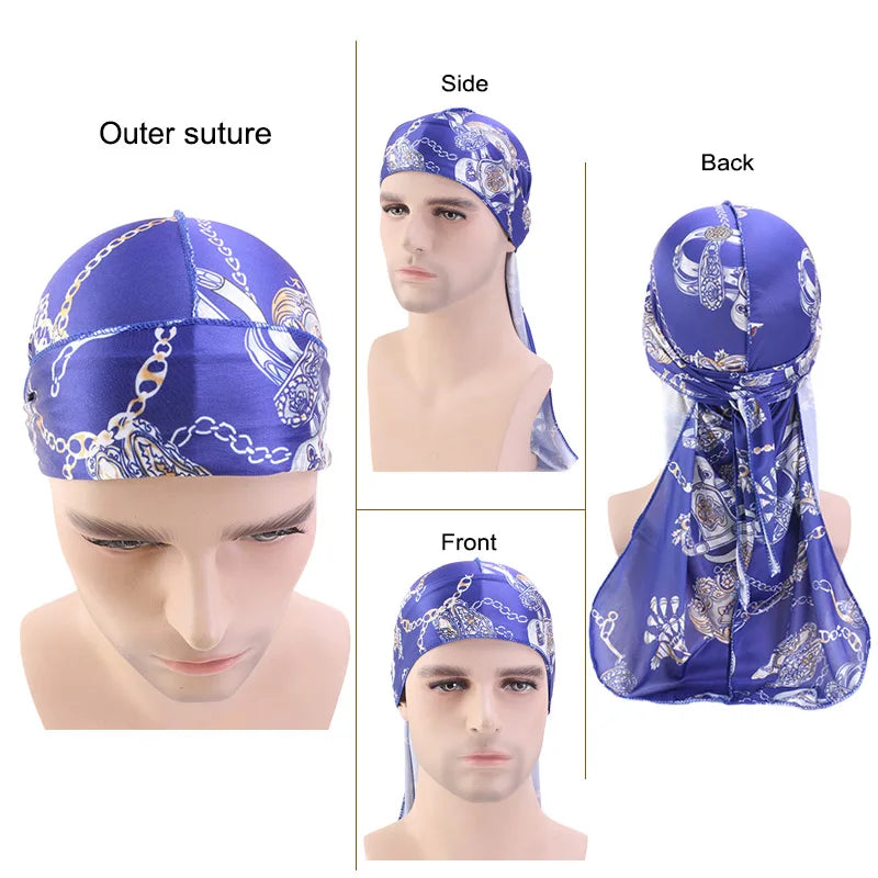 Large  Silk Cashew Style Printed Durag Turban For Women Men Bandanas Headwear Silky Rag Long Tail Pirate Hat Caps Hair Accessories