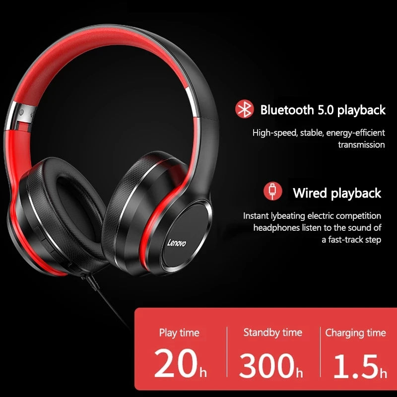 Dual Lenovo HD200 Bluetooth Earphones Over-ear Foldable Computer Wireless Headphones Noise Cancellation HIFI Stereo Gaming Headset
