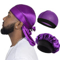 Combo 3PCS/LOT Men Silky Durag Long Tail Pirate Hat Headband Turban Dome Wave Cap Unisex Wig Cap Elastic Band Satin Bonnet