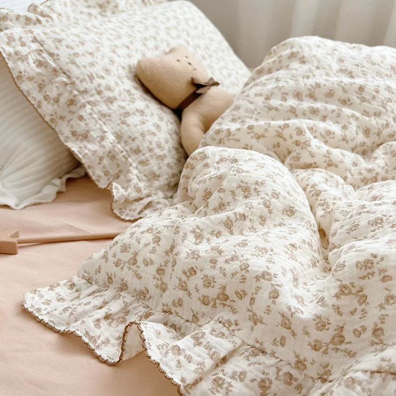 Cozy Princess Ruffle Edge Gauze 100% Cotton Pillow Case Breathable Duvet Cover Without Filler 3PCS Floral Home Bedding Set