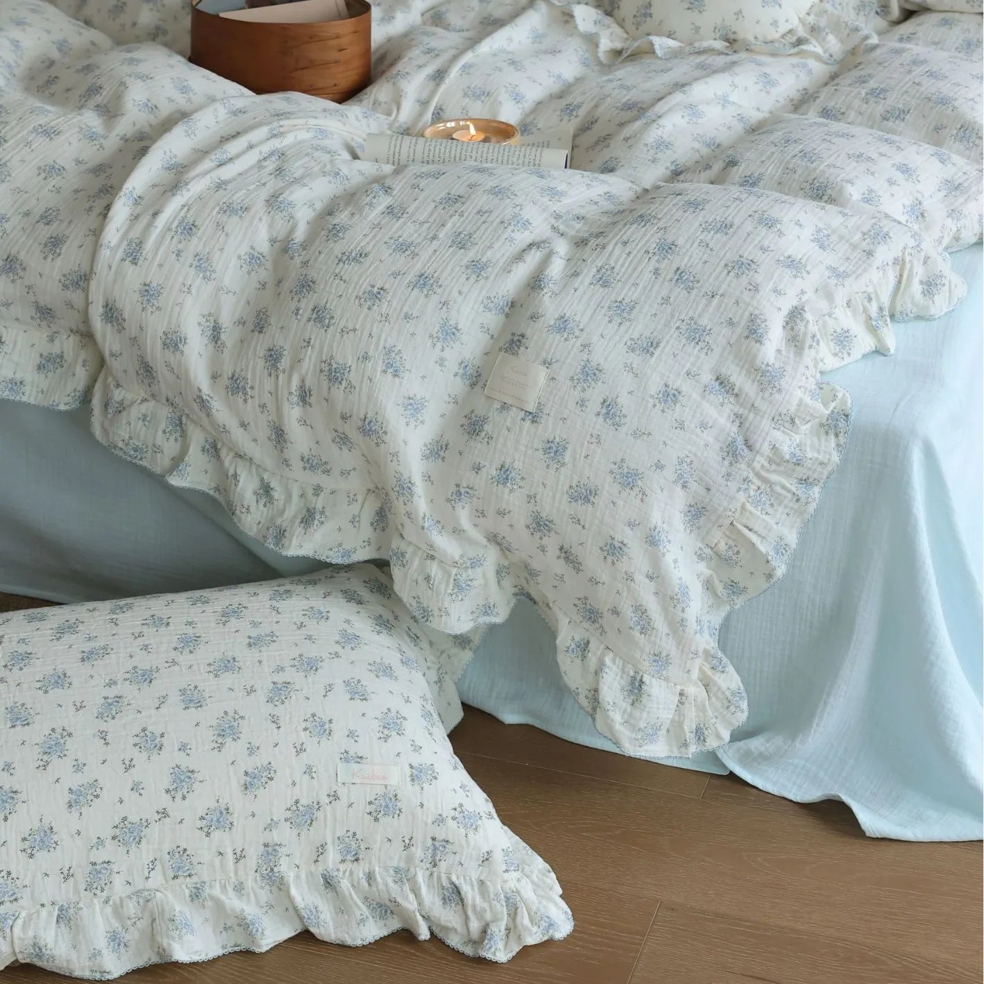 Cozy Princess Ruffle Edge Gauze 100% Cotton Pillow Case Breathable Duvet Cover Without Filler 3PCS Floral Home Bedding Set