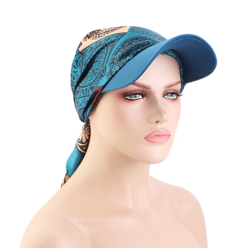 Women Fashion Printed Satin Headscarf Hat with Brim Sun Hats Summer Soft Breathable Headscarf Caps Baseball Cap