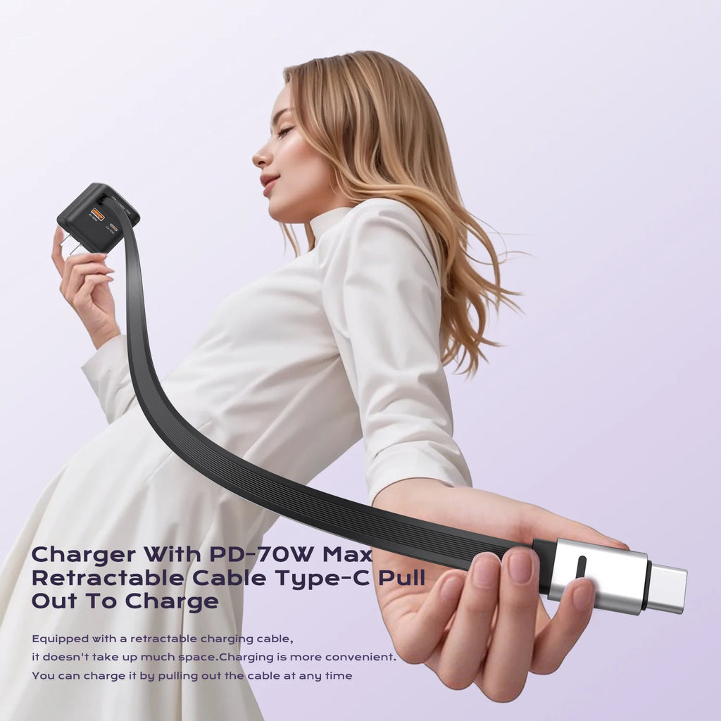 Fast Charging 70W GaN Charger With Retractable Type C Cable 45W PD QC PPS Travel Charger for iPhone 16 Laptop Macbook Tablet Samsung