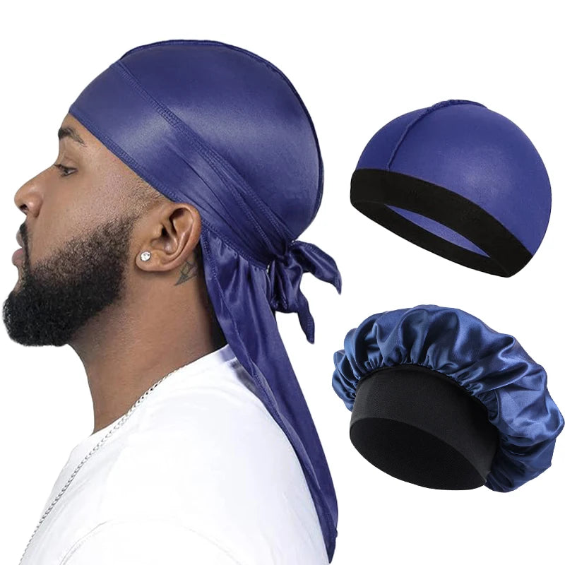 Combo 3PCS/LOT Men Silky Durag Long Tail Pirate Hat Headband Turban Dome Wave Cap Unisex Wig Cap Elastic Band Satin Bonnet