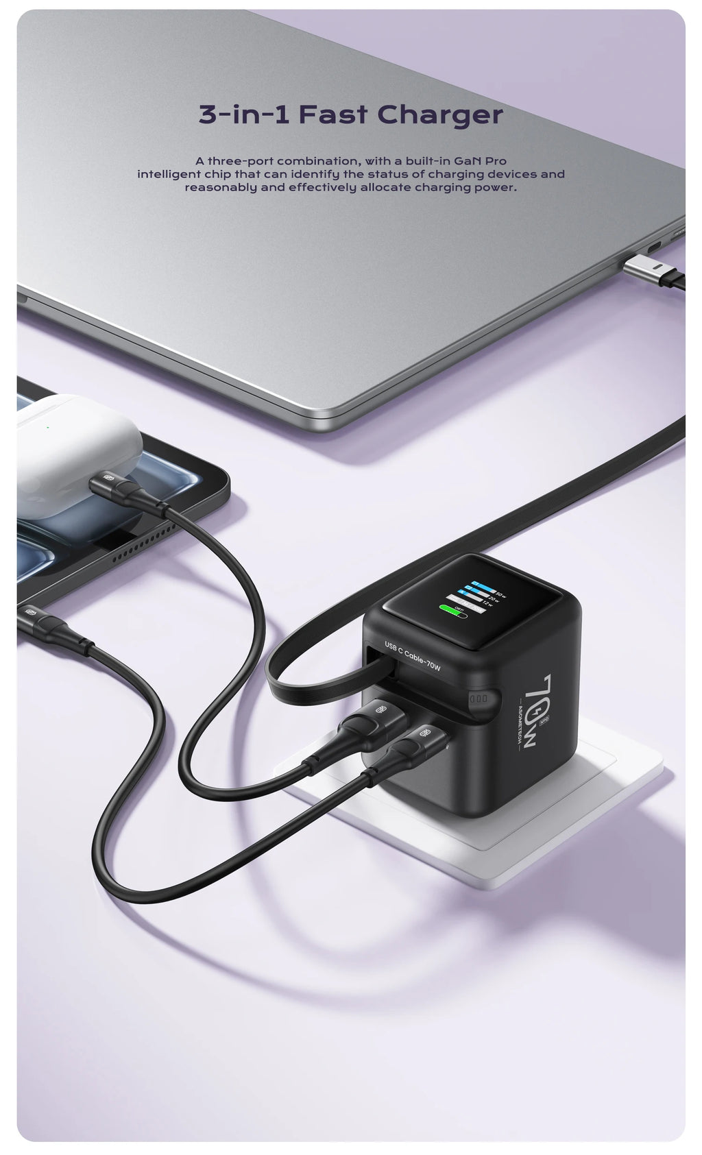 Fast Charging 70W GaN Charger With Retractable Type C Cable 45W PD QC PPS Travel Charger for iPhone 16 Laptop Macbook Tablet Samsung