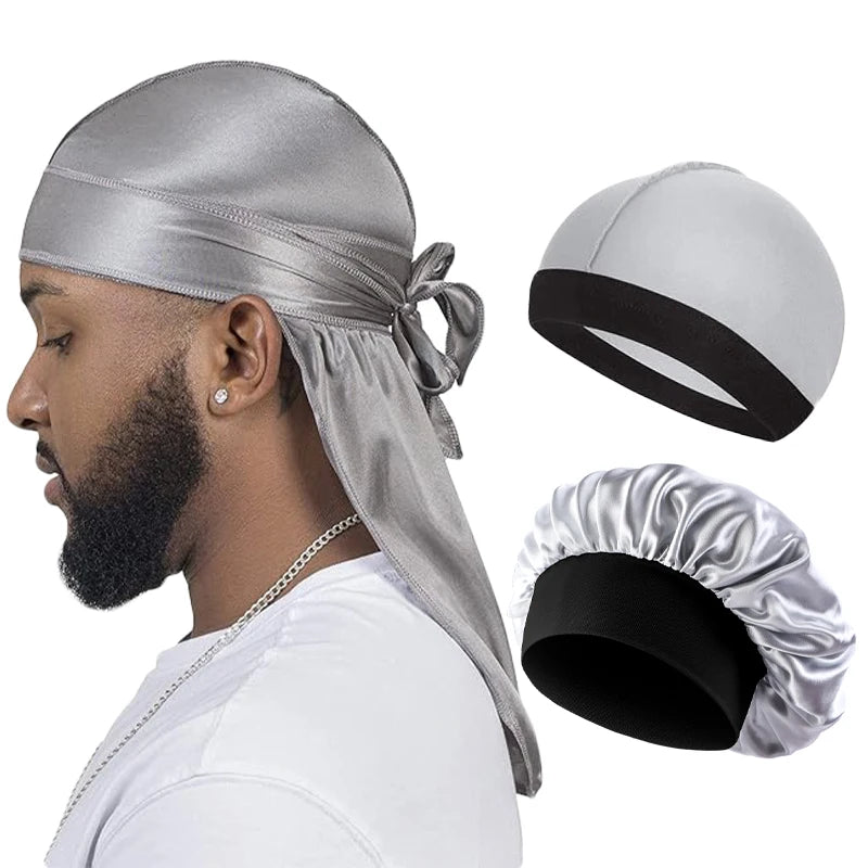 Combo 3PCS/LOT Men Silky Durag Long Tail Pirate Hat Headband Turban Dome Wave Cap Unisex Wig Cap Elastic Band Satin Bonnet