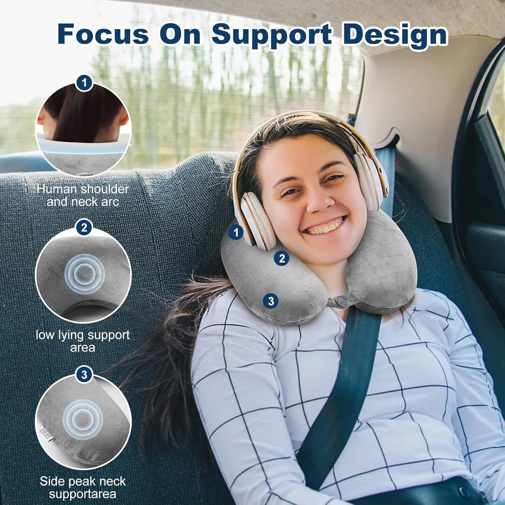 U Shape 100% Pure Memory Foam Travel Pillow with Ergonomic Raised Lobe Design for Neck Support, Portable for Plane, Train, Car, Grey