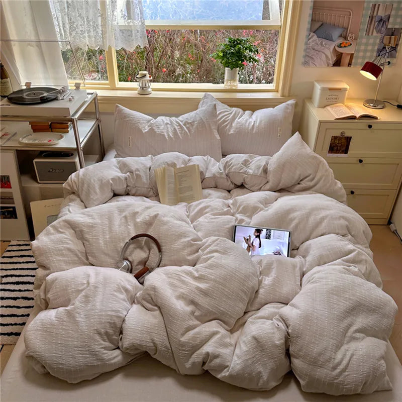 Puffy 3/4Pcs Solid Color Skin-friendly Soft Bedding Set Duvet Cover Bed Sheet Pillowcases