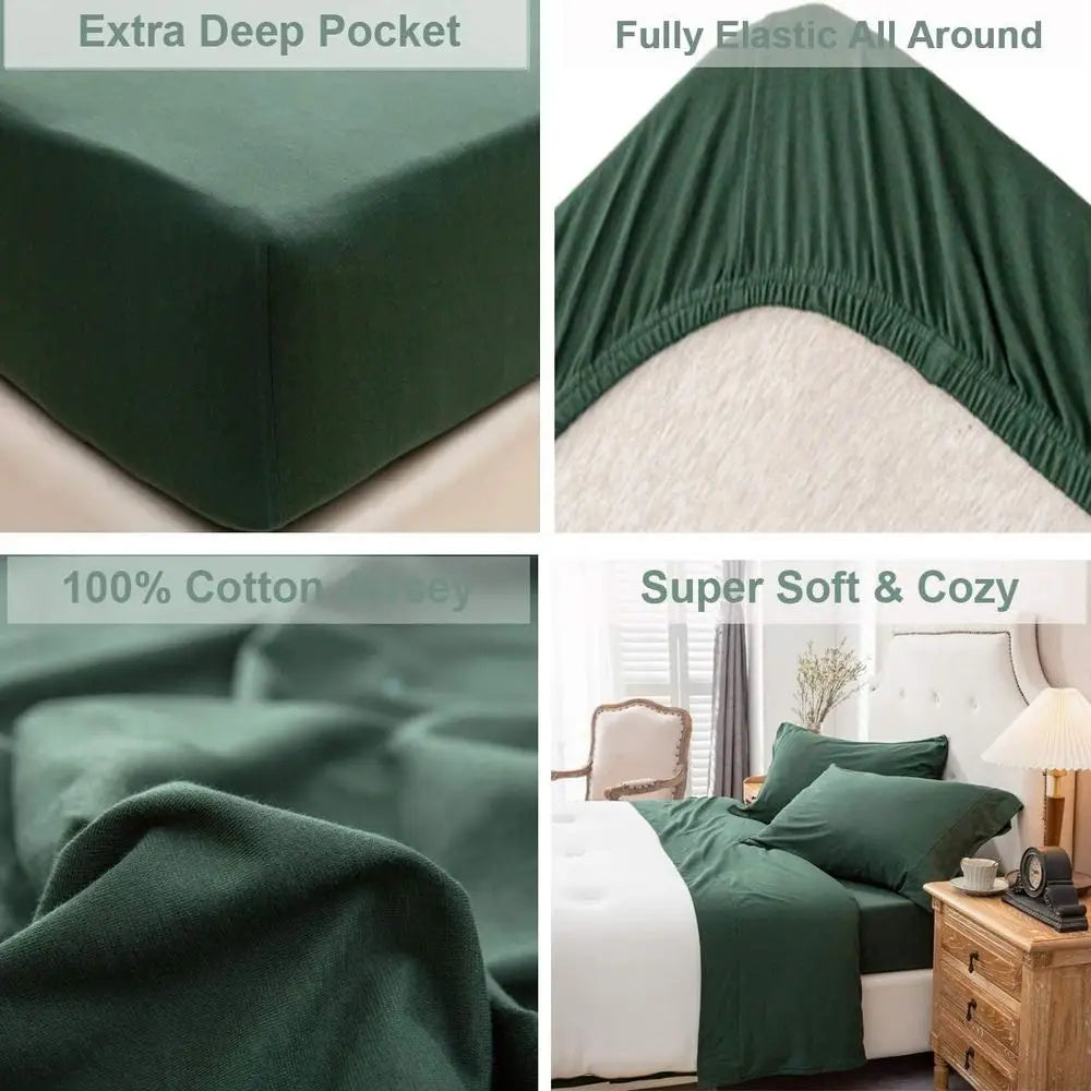 Jersey Knit Bed Sheet Queen Size 4-Piece Set in 100% Soft Cotton, Breathable and Suitable for 20 Deep Mattresses, Available in S