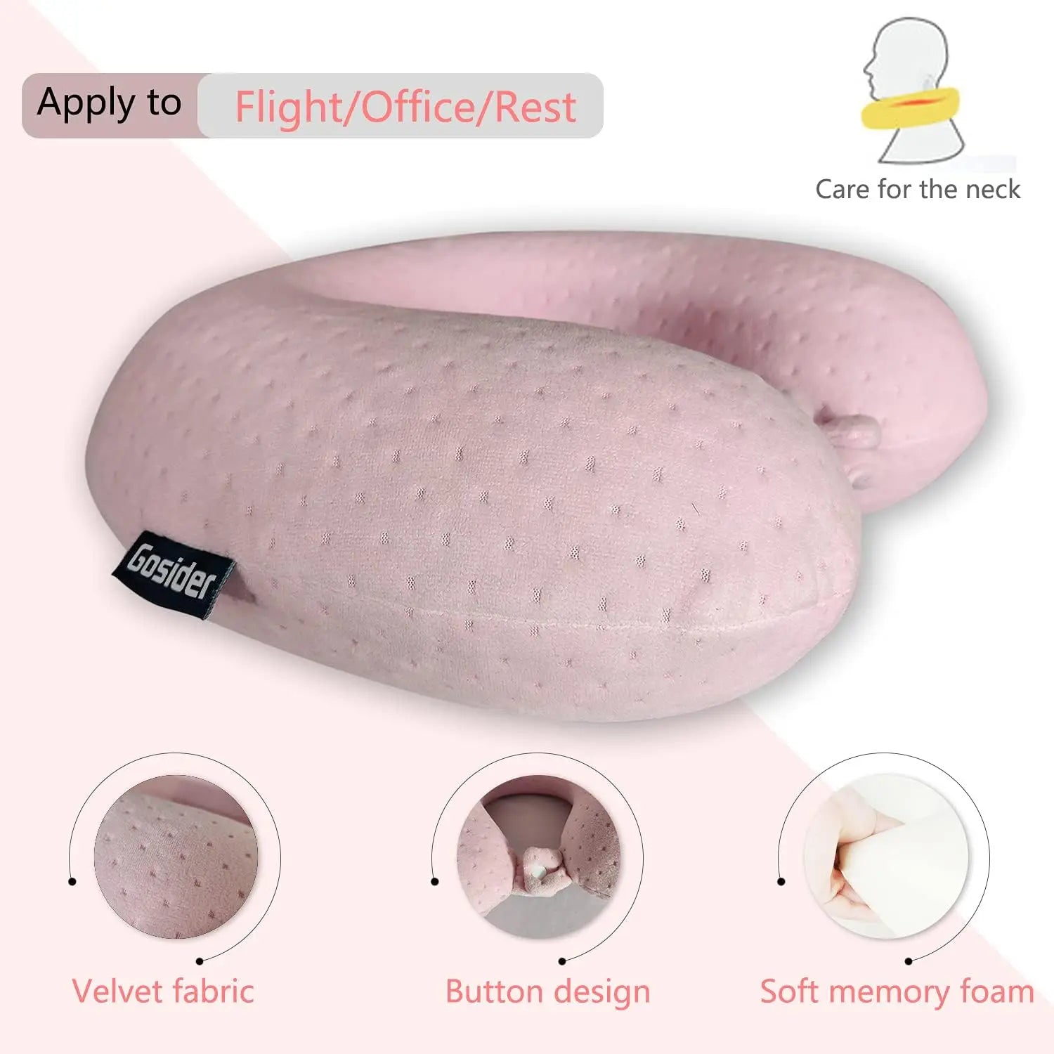 Travel Pillow Pink U-Shape Memory Foam  for Sleeping Comfort, Neck and Head Support on Planes, Trains, Cars