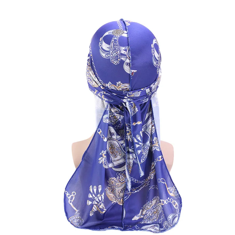 Large  Silk Cashew Style Printed Durag Turban For Women Men Bandanas Headwear Silky Rag Long Tail Pirate Hat Caps Hair Accessories
