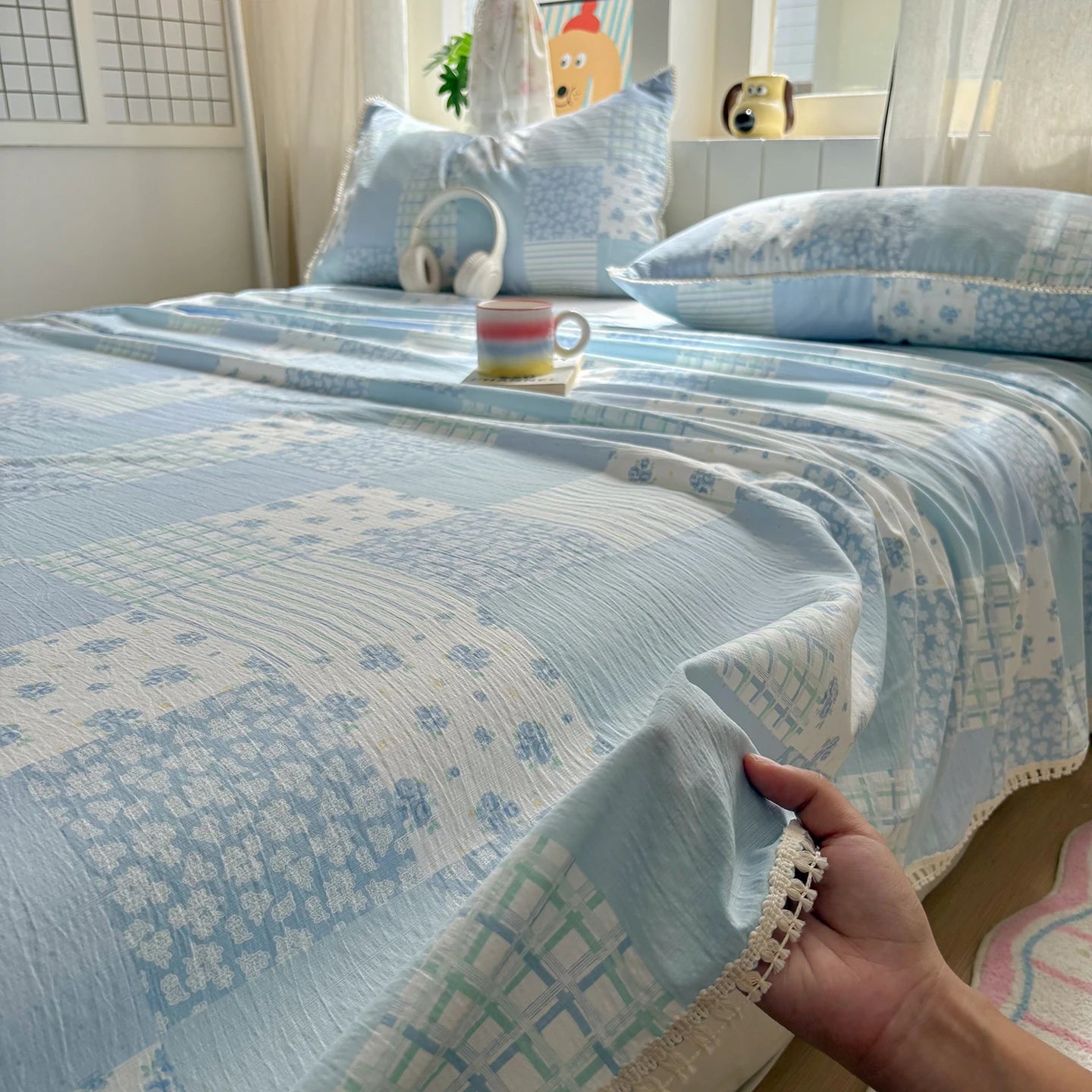 Spring & Summer  Floral Print Double Gauze Bed Sheet with Fringe Lace Trim