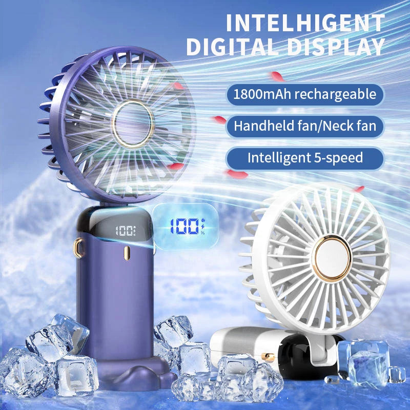 Super Handy Mini Fan Foldable Neck Hanging Fans 5 Speed USB Rechargeable Fan with Phone Stand and Display Screen 1800mAh