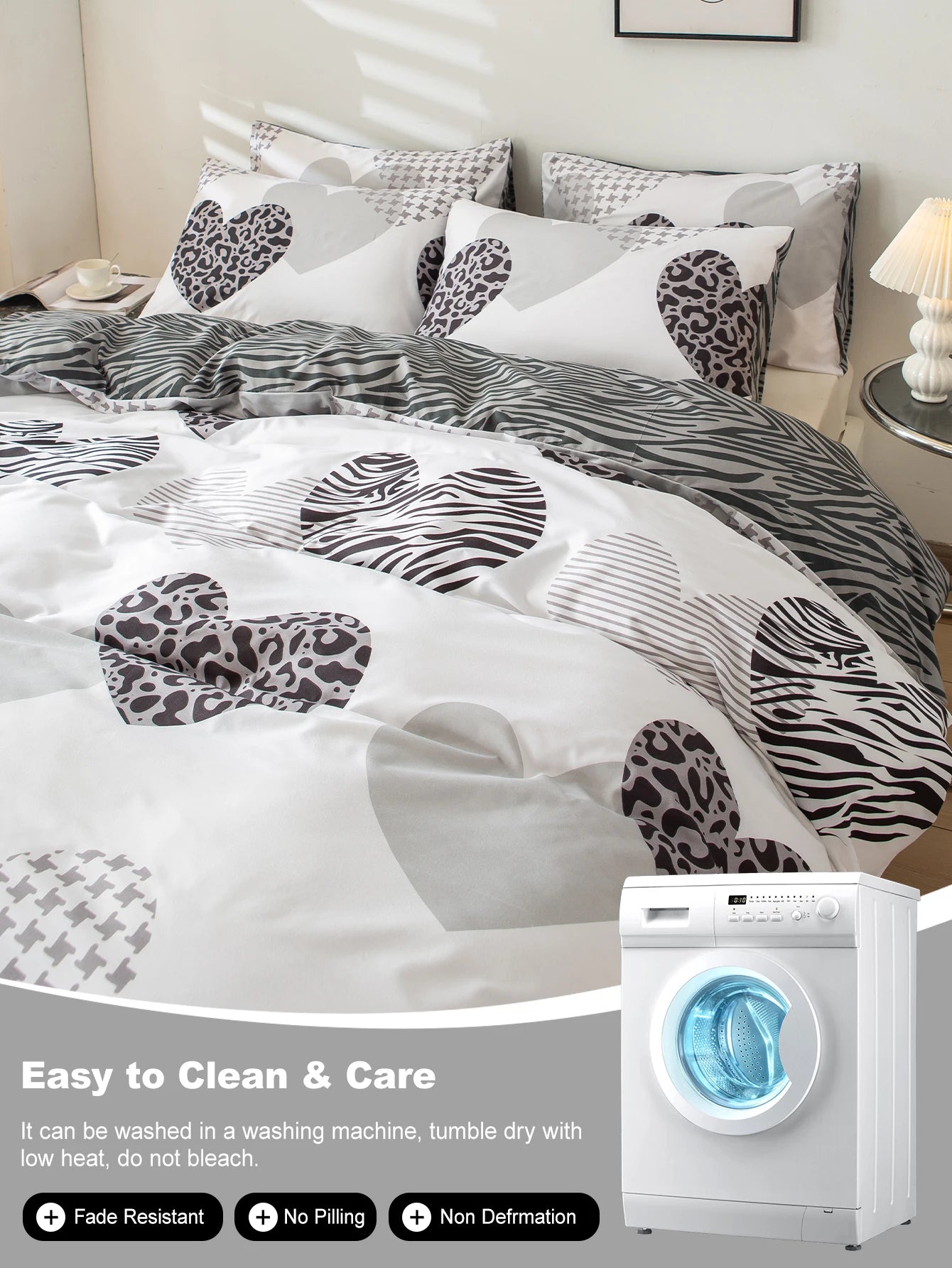 Leopard print heart-shaped duvet cover 3pcs   set, soft and breathable, modern for bedroom decoration, queen/king size bed