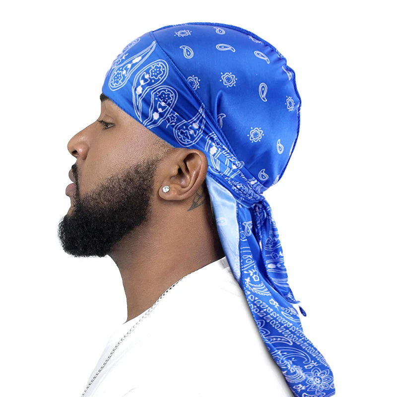 Premium Men Satin Paisley Printed Durag Turban Bandanas Headwear Silky DuRag Doo Rag Long Tail Pirate Hat Wave Caps Hair Accessories