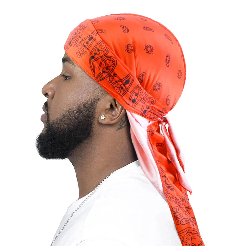Premium Men Satin Paisley Printed Durag Turban Bandanas Headwear Silky DuRag Doo Rag Long Tail Pirate Hat Wave Caps Hair Accessories