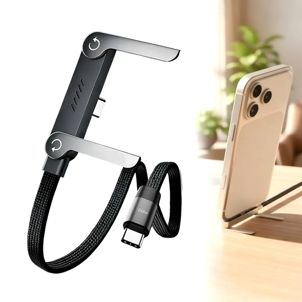 Multifunction Cable 2-in-1 Foldable Phone Holder with 1.5M 240W Super Fast Charging Braided Type-C Cable, Multi-Angle Adjustable Charging Stand, Universal Charger Cord Compatible with iPhone, Gaming Phones and More Smart Devi