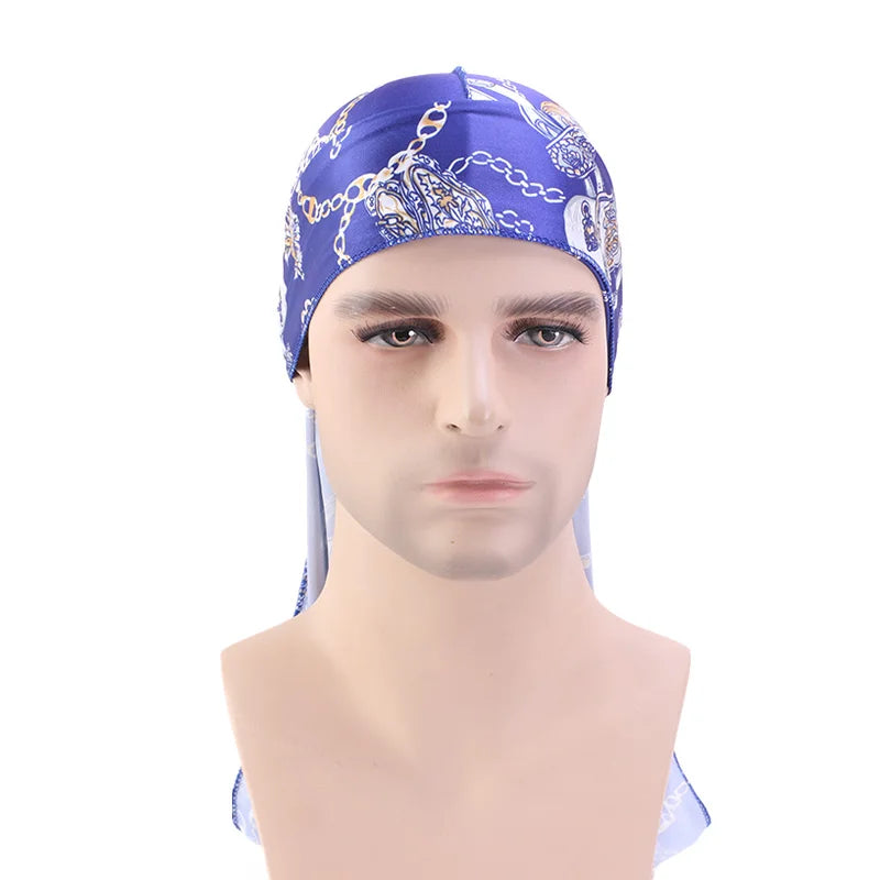 Large  Silk Cashew Style Printed Durag Turban For Women Men Bandanas Headwear Silky Rag Long Tail Pirate Hat Caps Hair Accessories