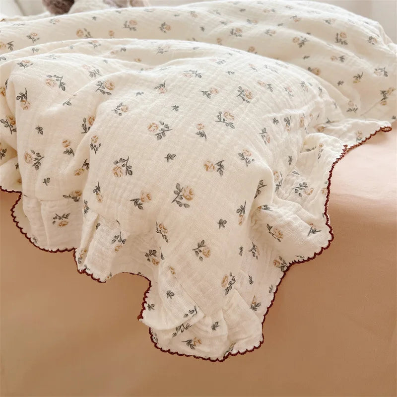 Cozy Princess Ruffle Edge Gauze 100% Cotton Pillow Case Breathable Duvet Cover Without Filler 3PCS Floral Home Bedding Set