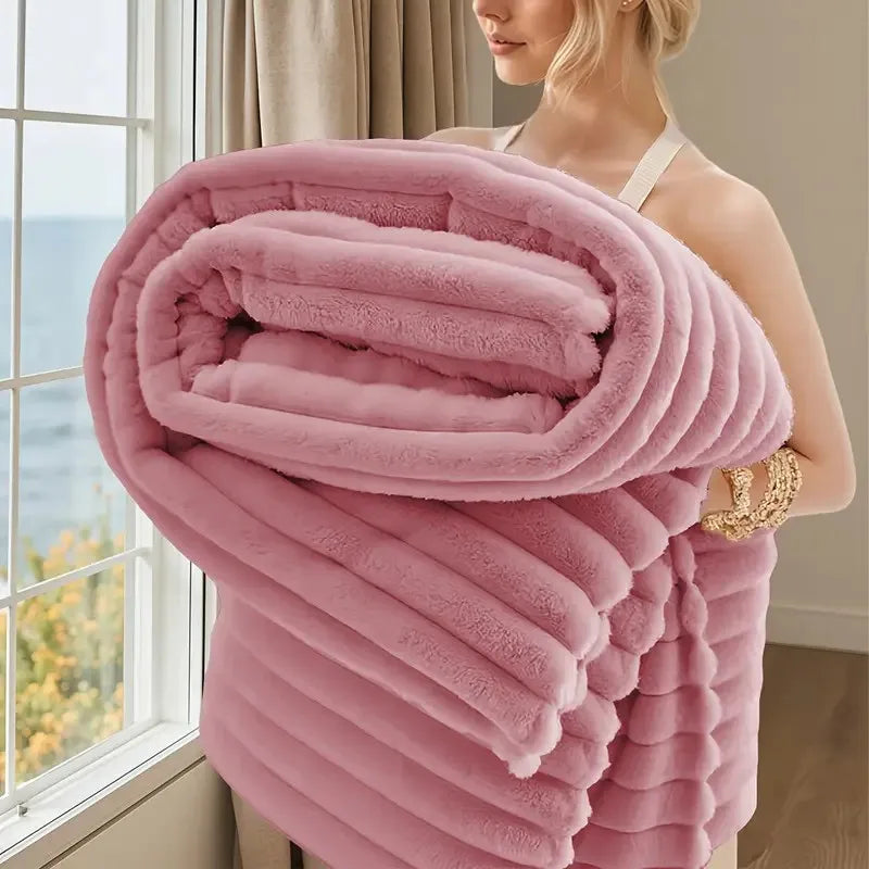 Striped Flannel Fleece Blanket Ultra-Soft, Light weight  Fur Rabbit Blanket 3Lbs , BEST PRICE IN US