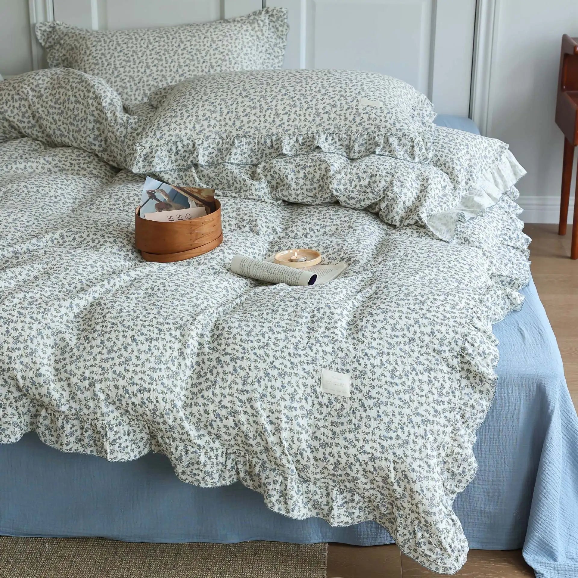 Cozy Princess Ruffle Edge Gauze 100% Cotton Pillow Case Breathable Duvet Cover Without Filler 3PCS Floral Home Bedding Set