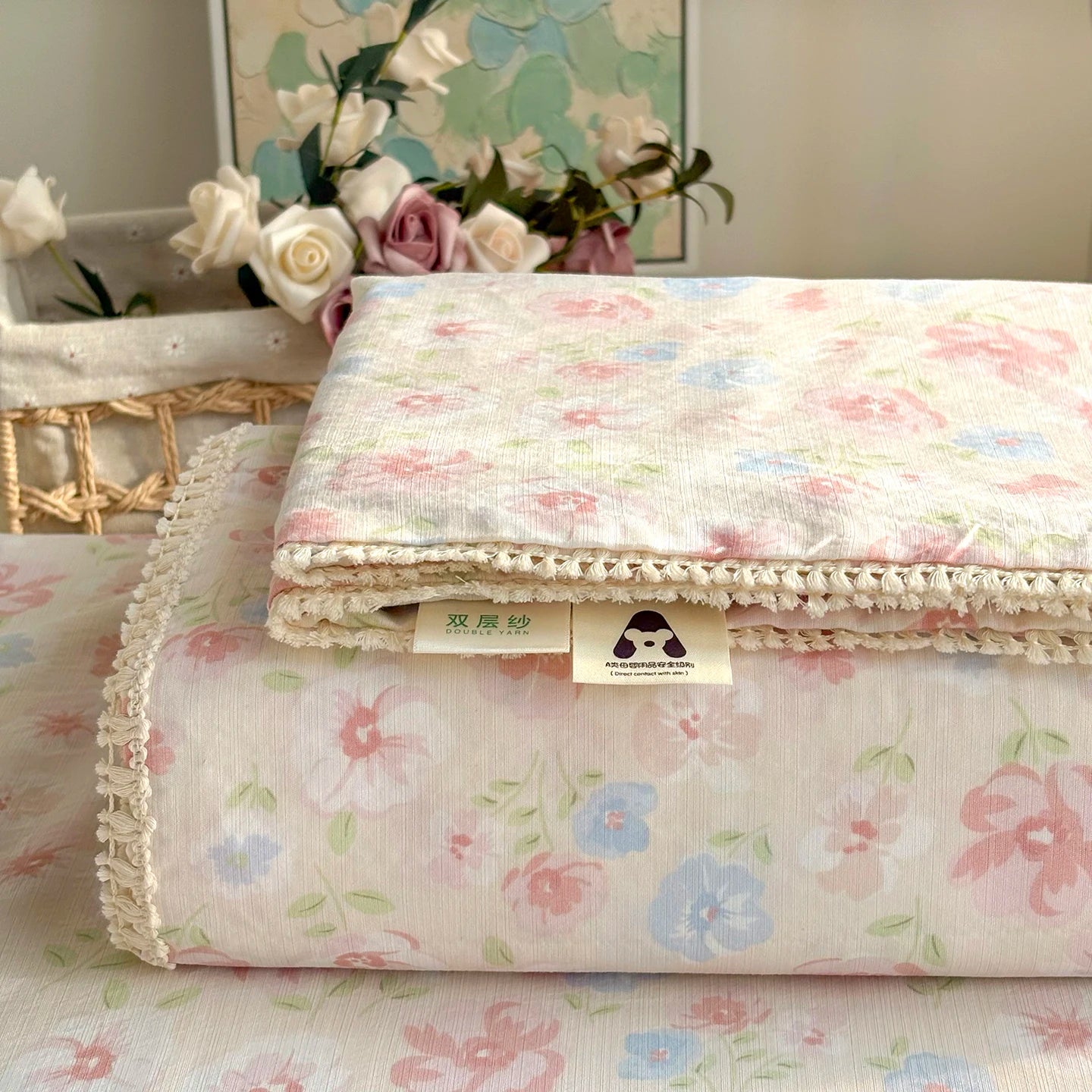 Spring & Summer  Floral Print Double Gauze Bed Sheet with Fringe Lace Trim