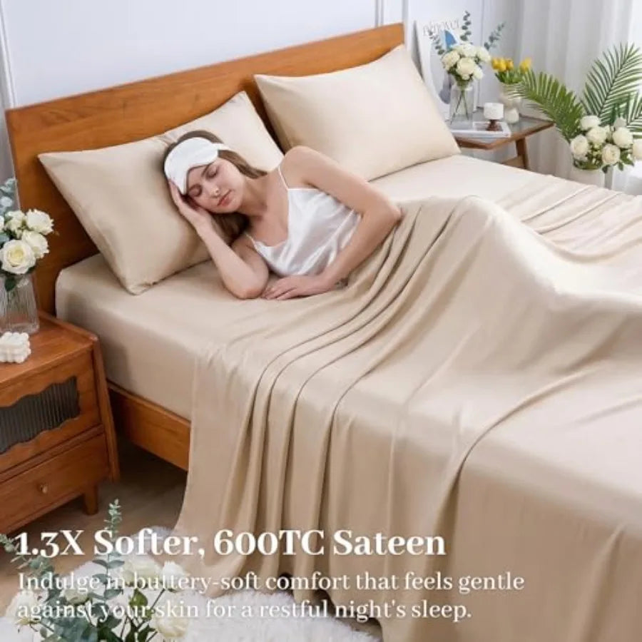 100% Genuine Viscose Derived from Bamboo Sheets 600 Thread Count Cooling Bed Sheet Set for Hot Sleepers Silky Soft Breathable 16" Deep