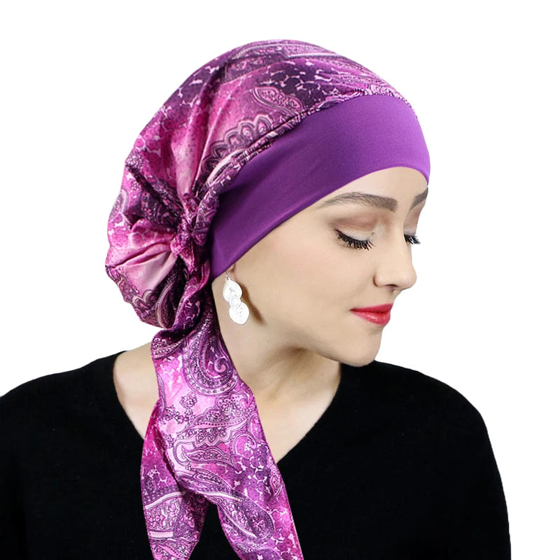 Premium Women Pre-Tied Satin Turban Muslim Inner Hijabs Cancer Chemo Caps Headscarf Hair Loss Headwrap Bandana Elastic Hair Accessories