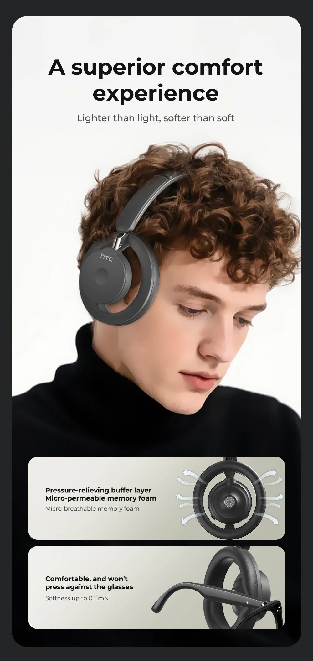 Open-Ear Headphones Foldable Punchy Bass HTC HP06 Bluetooth V6.0 Wireless  Headset for PC Laptop phone TV lightweight Hollow Airy