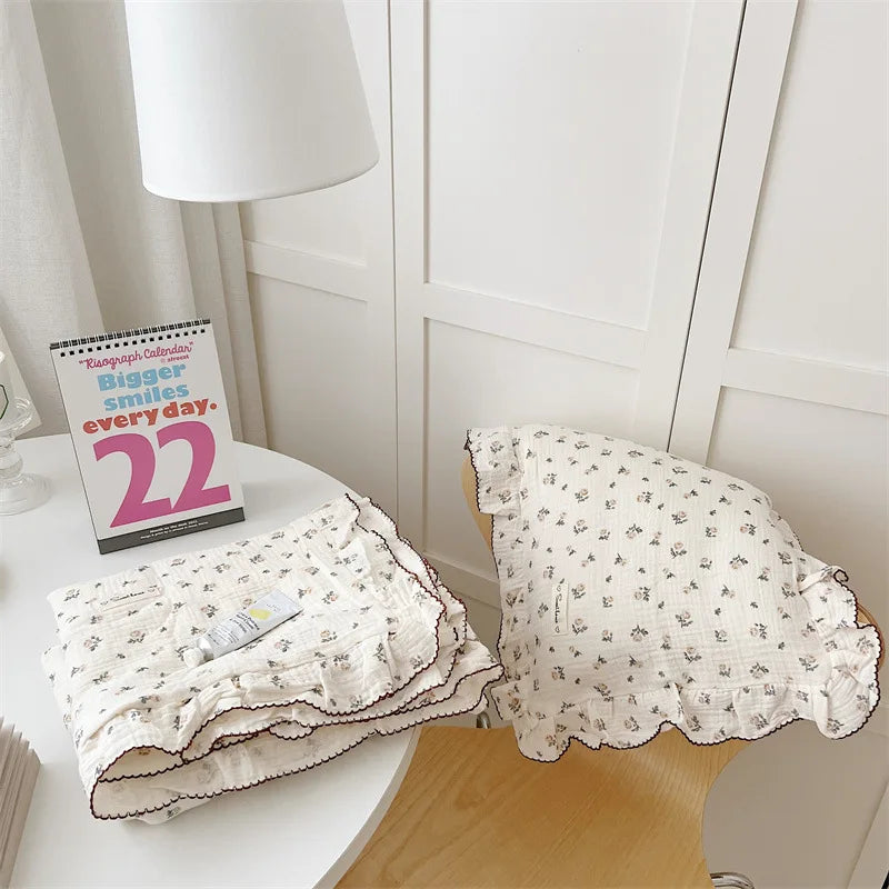 Cozy Princess Ruffle Edge Gauze 100% Cotton Pillow Case Breathable Duvet Cover Without Filler 3PCS Floral Home Bedding Set