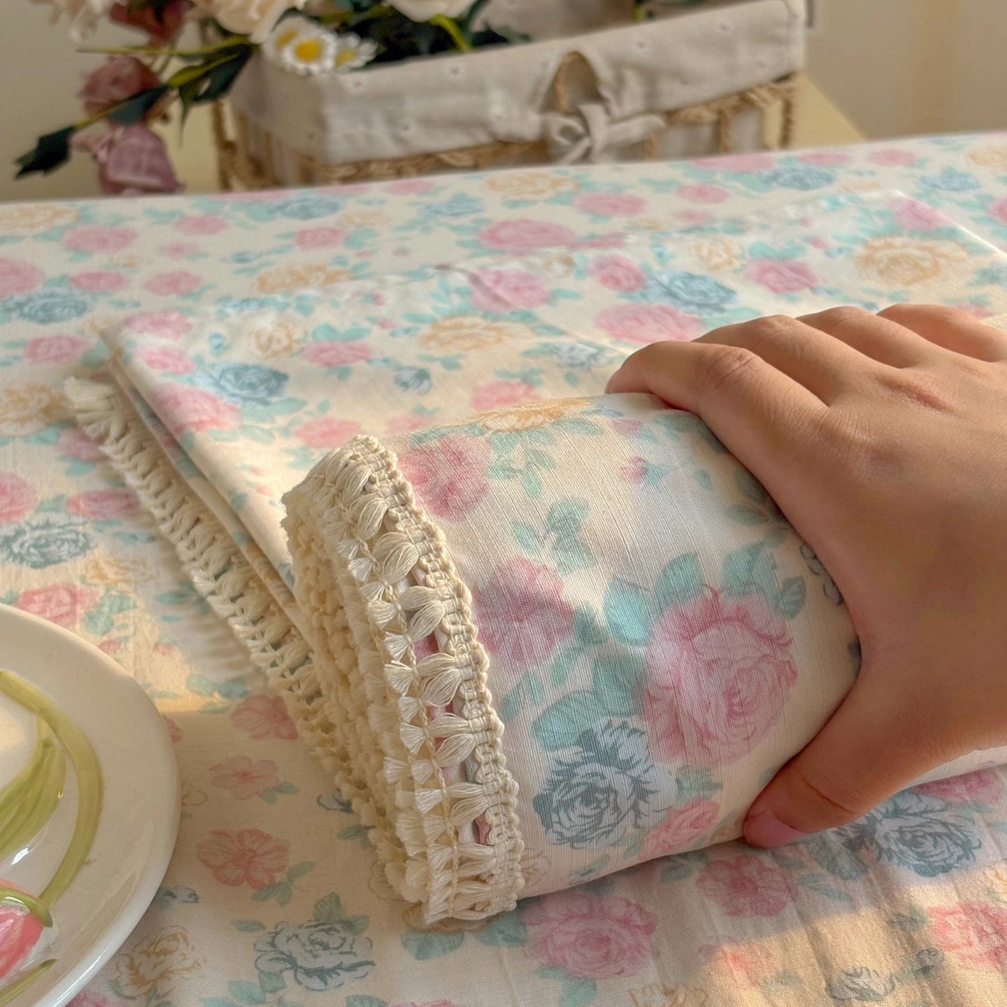 Spring & Summer  Floral Print Double Gauze Bed Sheet with Fringe Lace Trim