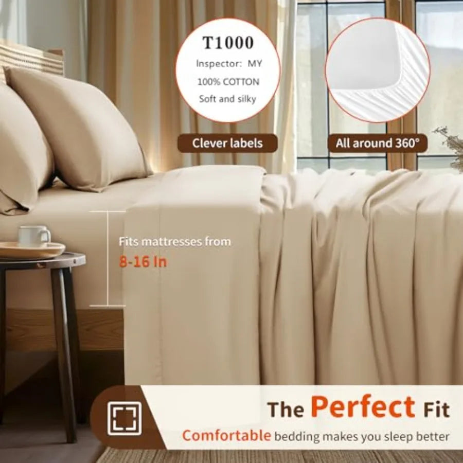 Twin Bed Set Egyptian 100% Cotton 1000 Thread Coun Bed Sheet Deep Pocket Sheet 16" Soft Comfortable All Season