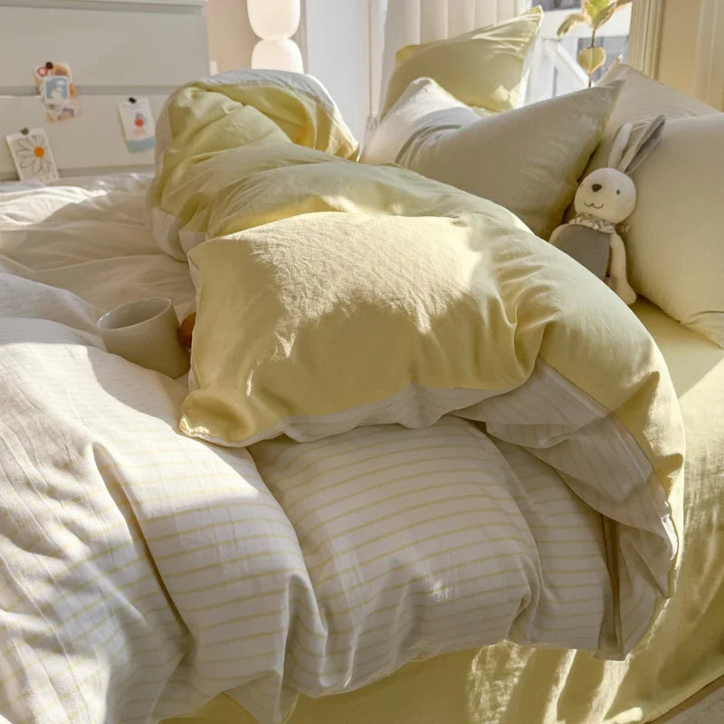 100% Pure Cotton Home Textile Striped Bedding Set Simple Soft Duvet Cover Sheet Pillowcase Ins Style Bed Linens Queen King Size 2025