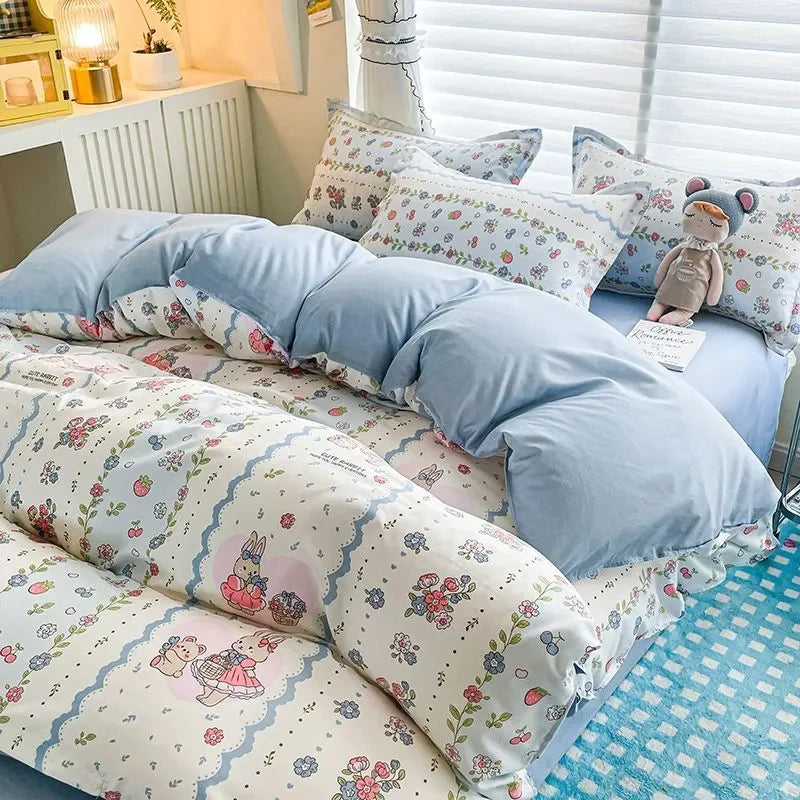 Boys & Girls Cute Rabbit Bedding Set New No Filler Ins Floral Duvet Cover Flat Sheet Pillowcases Twin Queen Size Comforter Cover