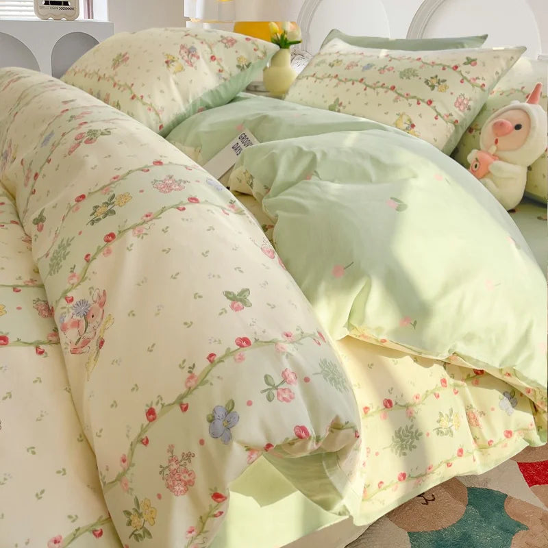 Boys & Girls Cute Rabbit Bedding Set New No Filler Ins Floral Duvet Cover Flat Sheet Pillowcases Twin Queen Size Comforter Cover