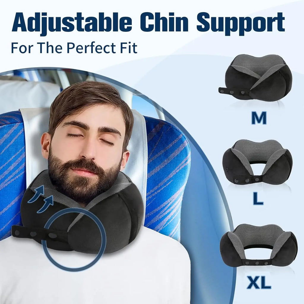 Super Comfortable Memory Foam Travel Neck Pillow with Adjustable Support, Eye Mask & Earplugs for Airplane