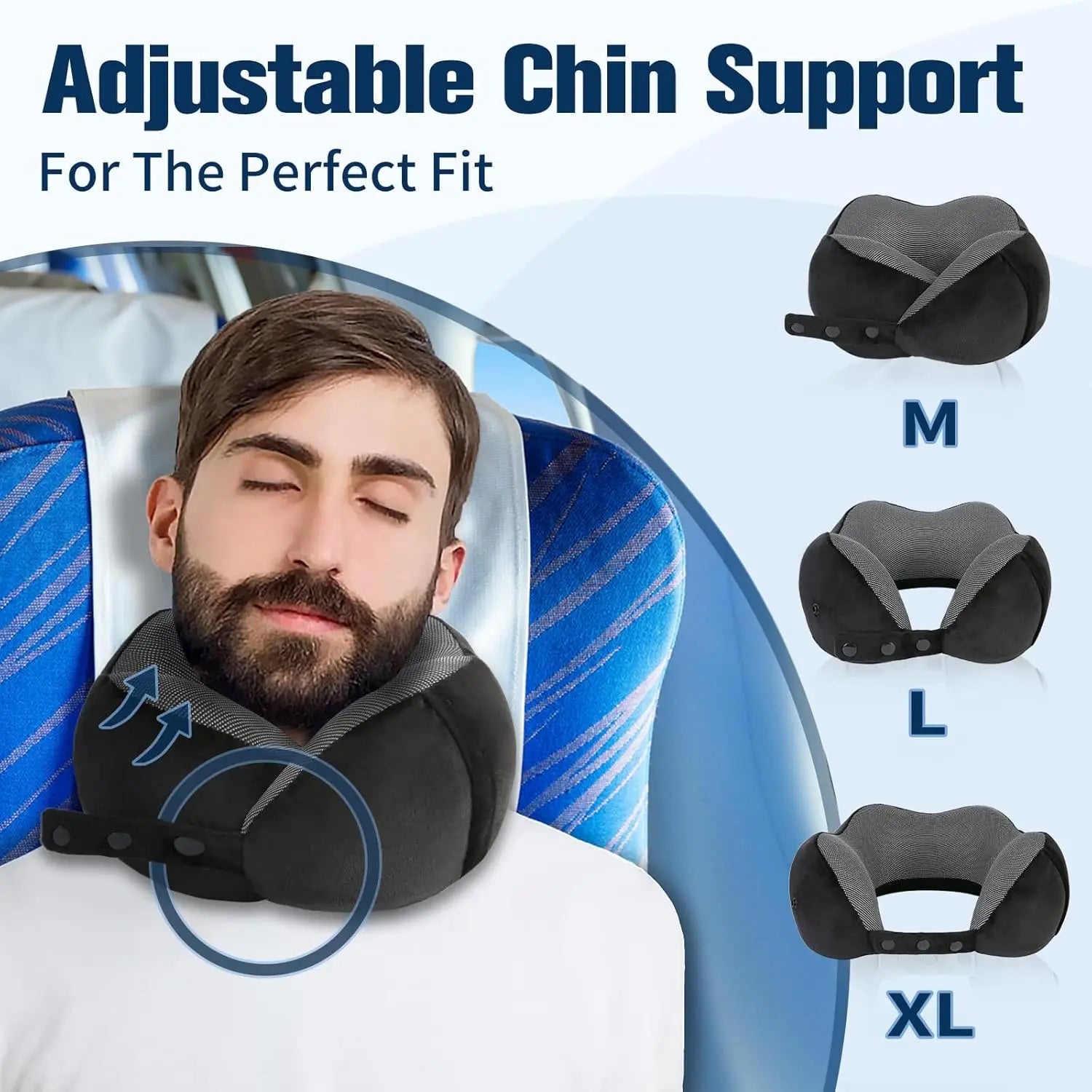 Super Comfortable Memory Foam Travel Neck Pillow with Adjustable Support, Eye Mask & Earplugs for Airplane