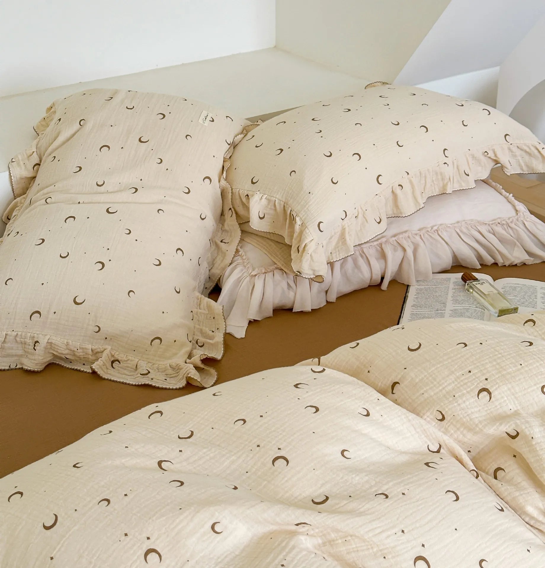 Cozy Princess Ruffle Edge Gauze 100% Cotton Pillow Case Breathable Duvet Cover Without Filler 3PCS Floral Home Bedding Set