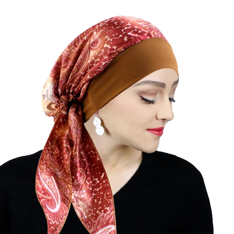 Premium Women Pre-Tied Satin Turban Muslim Inner Hijabs Cancer Chemo Caps Headscarf Hair Loss Headwrap Bandana Elastic Hair Accessories