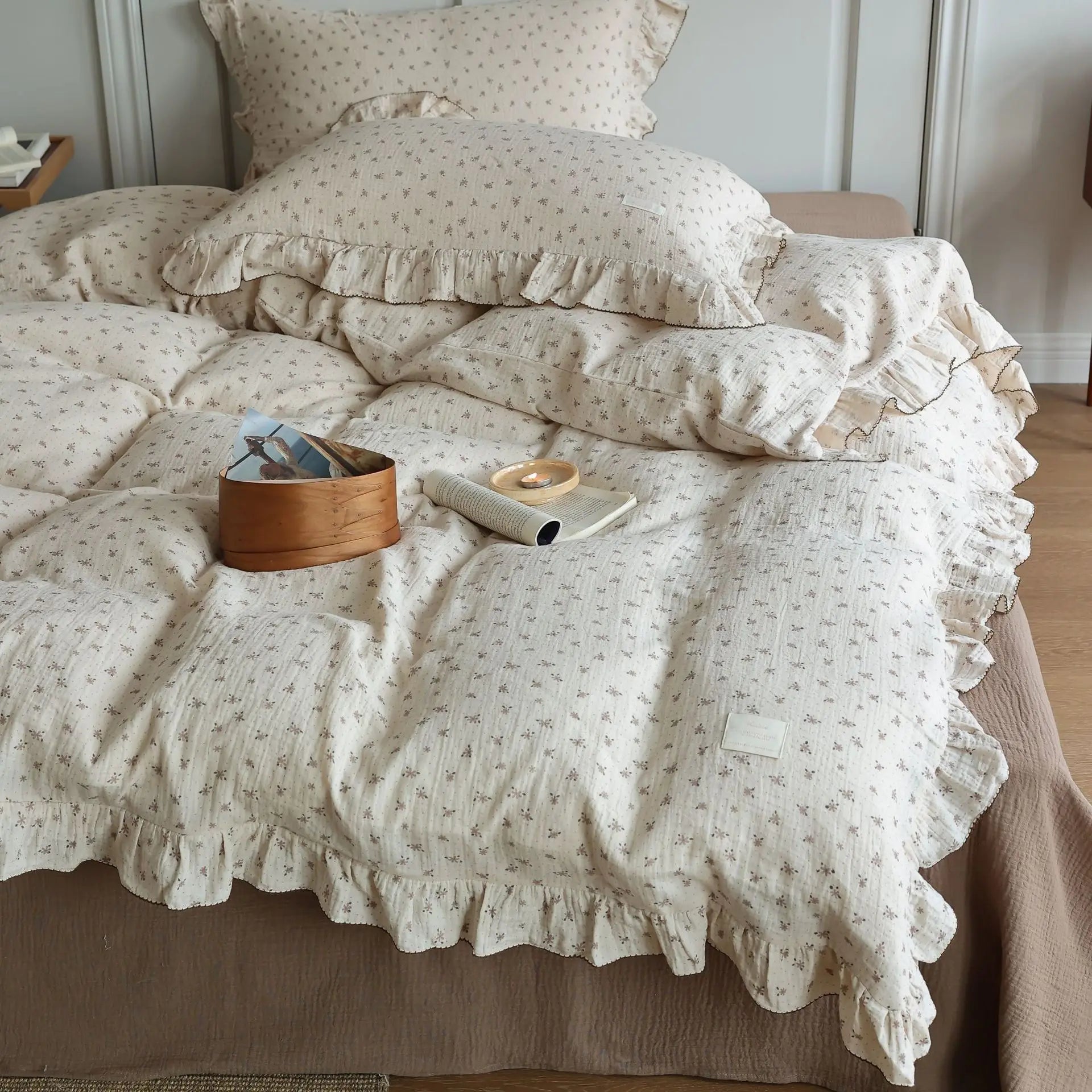 Cozy Princess Ruffle Edge Gauze 100% Cotton Pillow Case Breathable Duvet Cover Without Filler 3PCS Floral Home Bedding Set