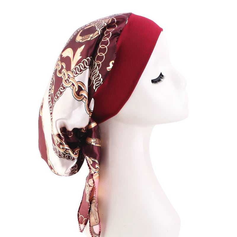 Premium Women Pre-Tied Satin Turban Muslim Inner Hijabs Cancer Chemo Caps Headscarf Hair Loss Headwrap Bandana Elastic Hair Accessories