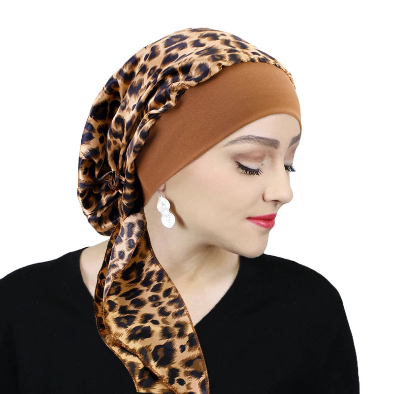 Premium Women Pre-Tied Satin Turban Muslim Inner Hijabs Cancer Chemo Caps Headscarf Hair Loss Headwrap Bandana Elastic Hair Accessories