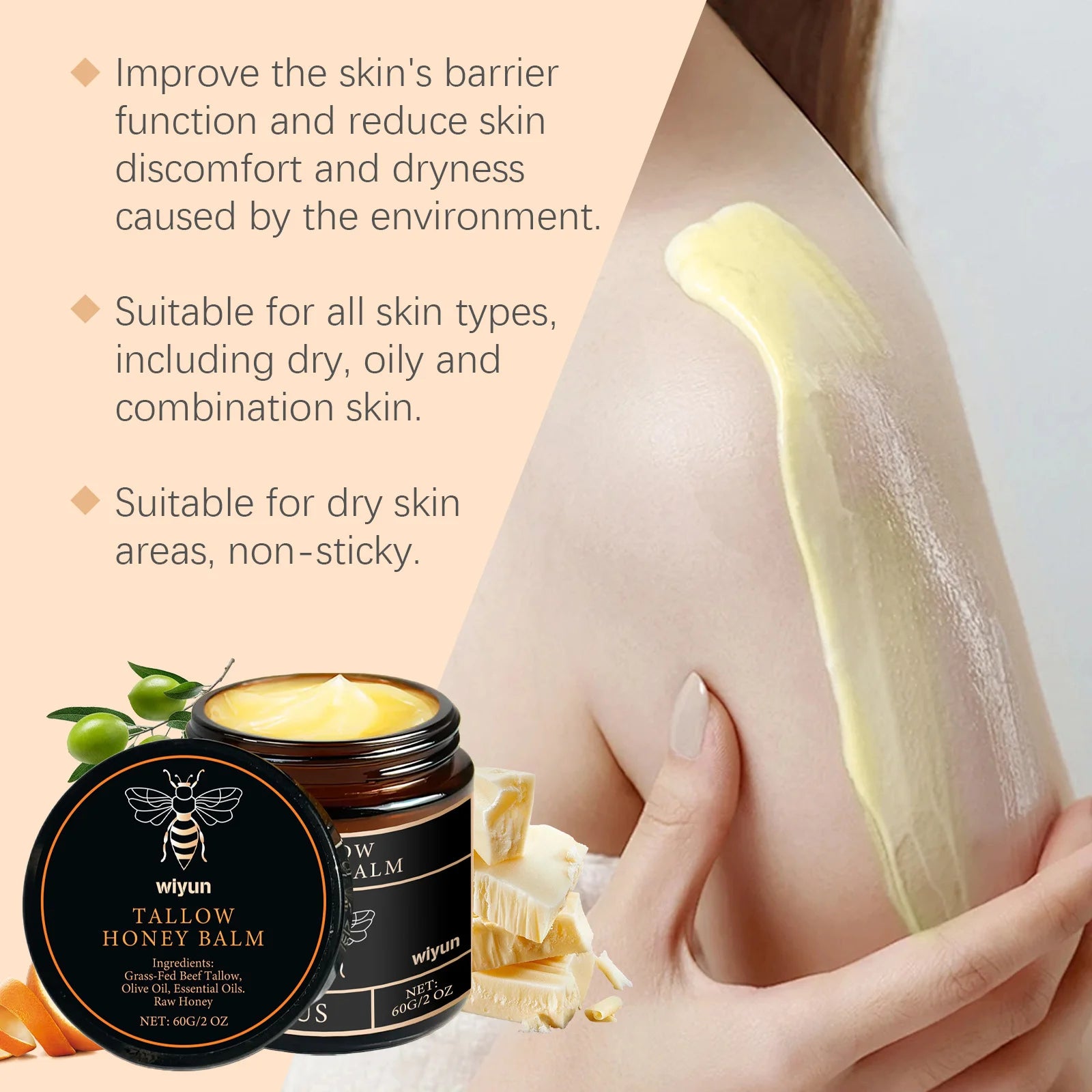 Pure Tallow Honey Balm Glowing Hydrating Skin Enhacne Elasticity Improve Dullness Fade Fine Lines Firming Face Body Moisturize Cream